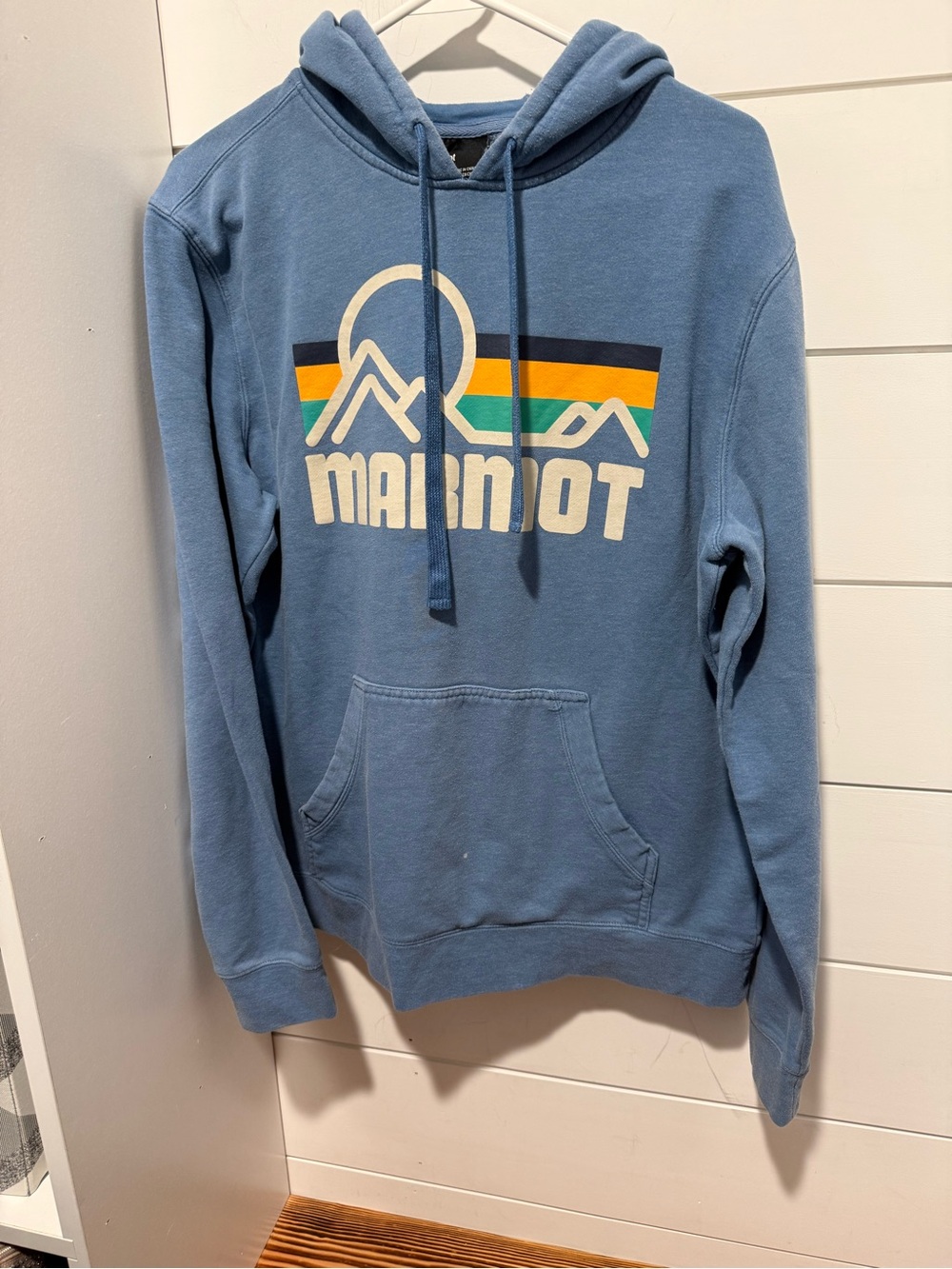 Marmot Vintage-Style Dusty Blue Hoodie with Multicolor Graphic